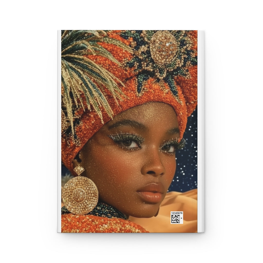 PURETE hardcover journal featuring a vibrant portrait of a woman in an orange beaded headpiece and ornate jewelry.