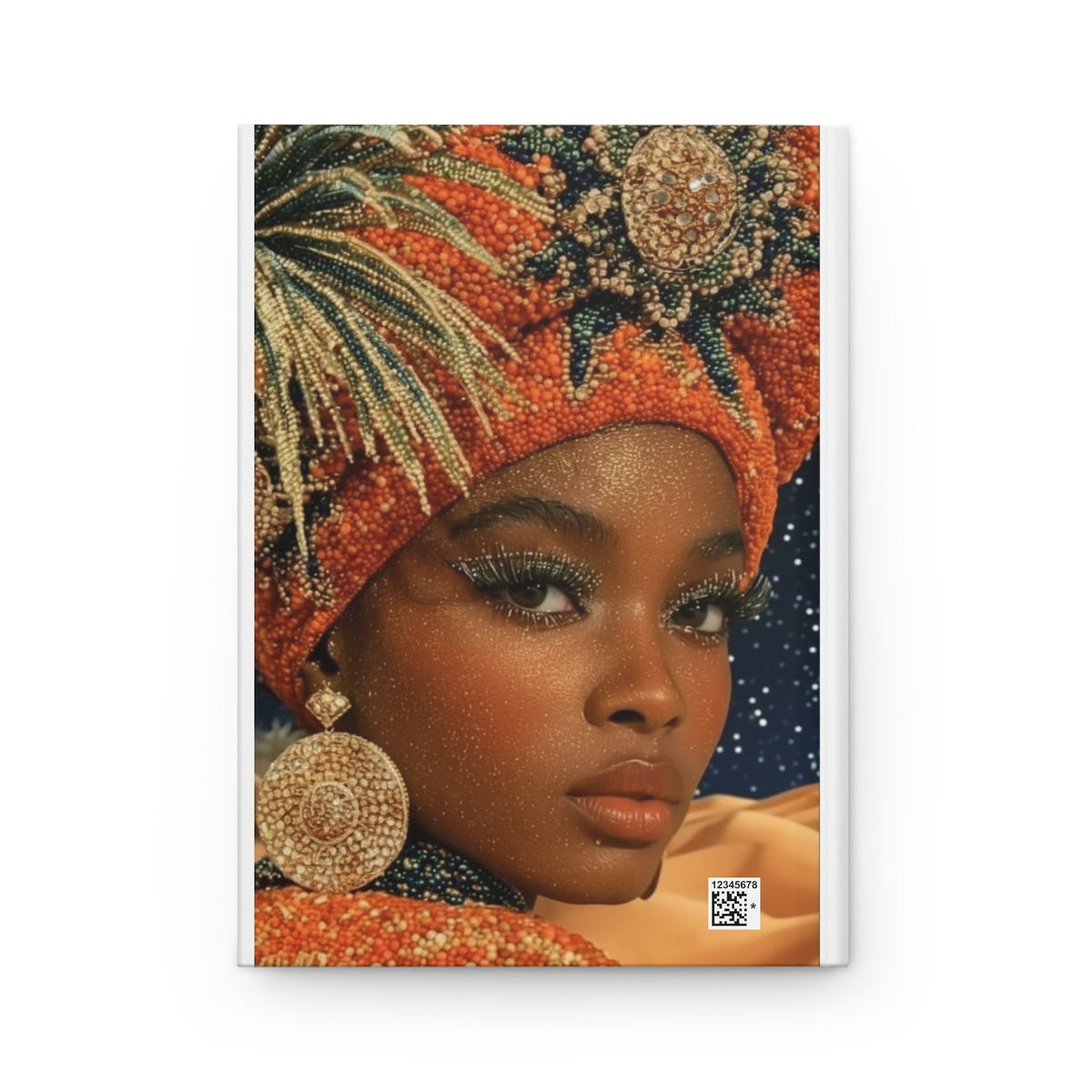 PURETE hardcover journal featuring a vibrant portrait of a woman in an orange beaded headpiece and ornate jewelry.