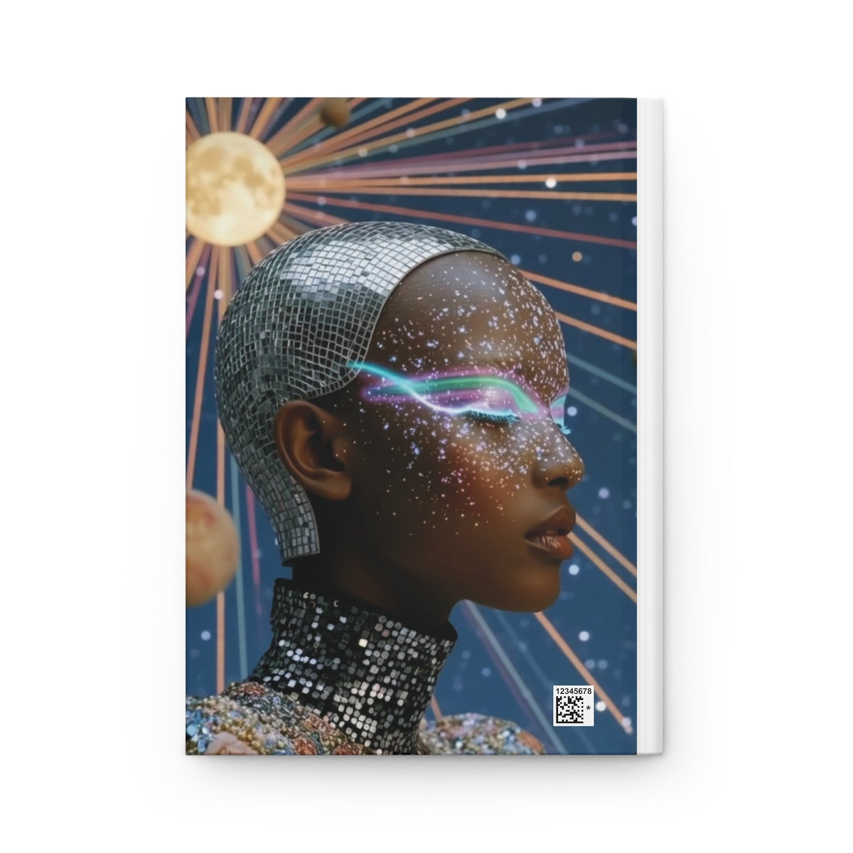 PURETE hardcover journal featuring a futuristic portrait of a person with a disco ball head and cosmic space art.