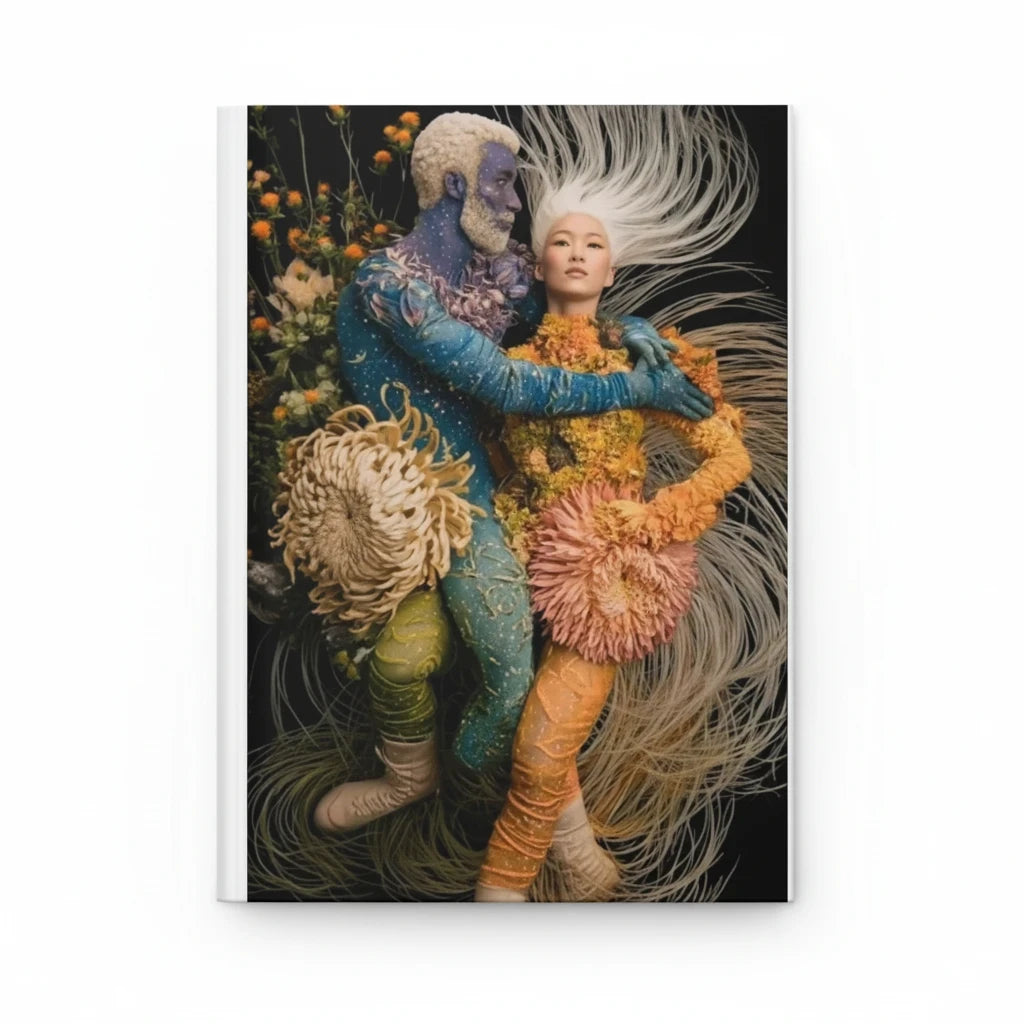 PURETE hardcover journal featuring a surreal artistic print of two figures adorned in floral textures on a black background