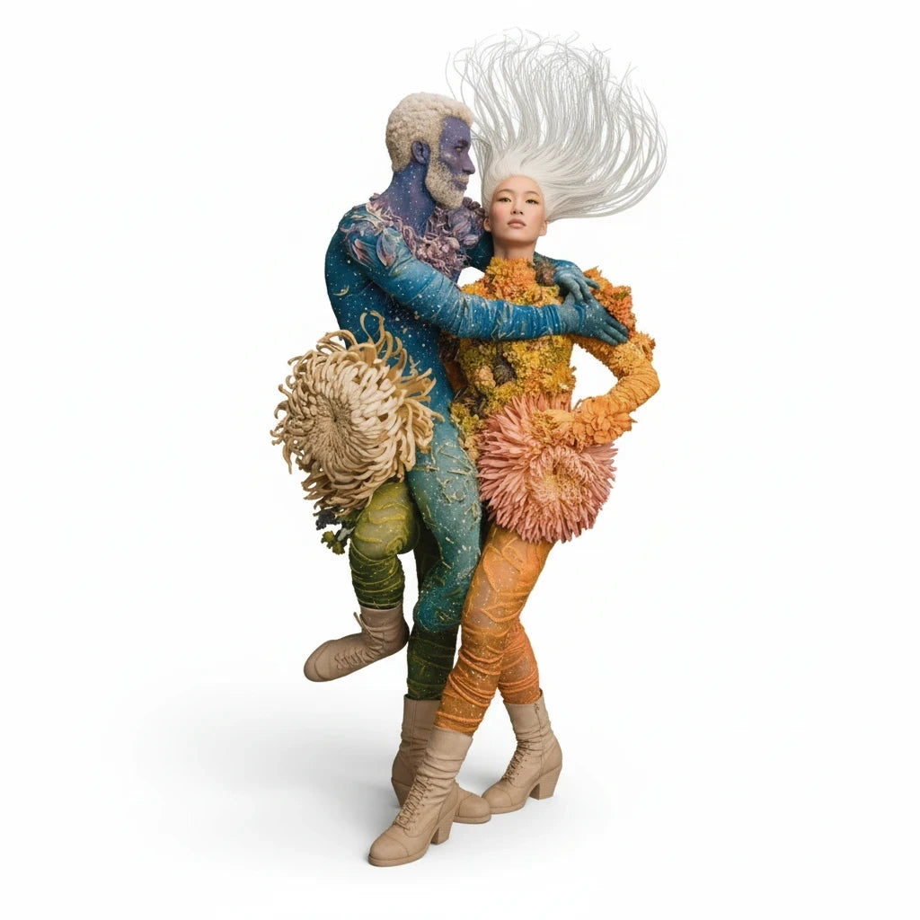 PURETE hardcover journal featuring a surreal artistic illustration of two figures intertwined with floral textures.