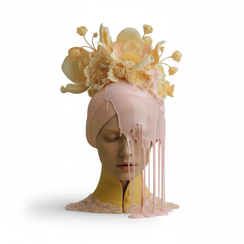 PURETE hardcover journal featuring a surreal artistic design of a mannequin head with floral crown and dripping paint