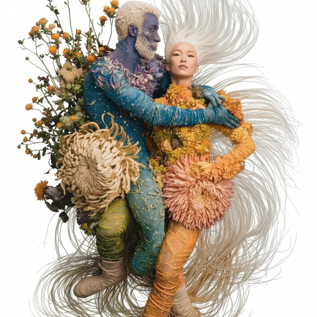 PURETE hardcover journal featuring a surreal artistic print of a celestial blue man and a woman surrounded by flowers.