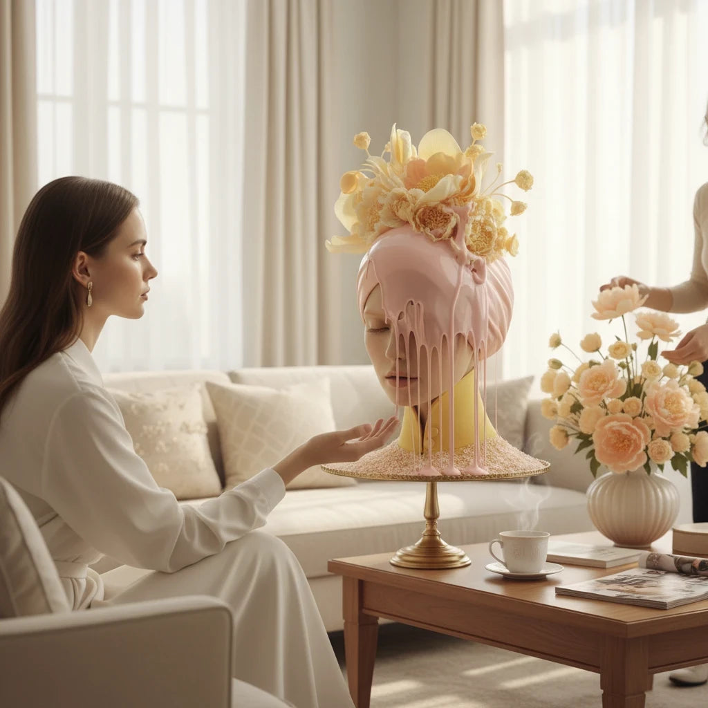 PURETE hardcover journal featuring a surreal pink floral sculpture on a living room table with a woman sitting nearby.