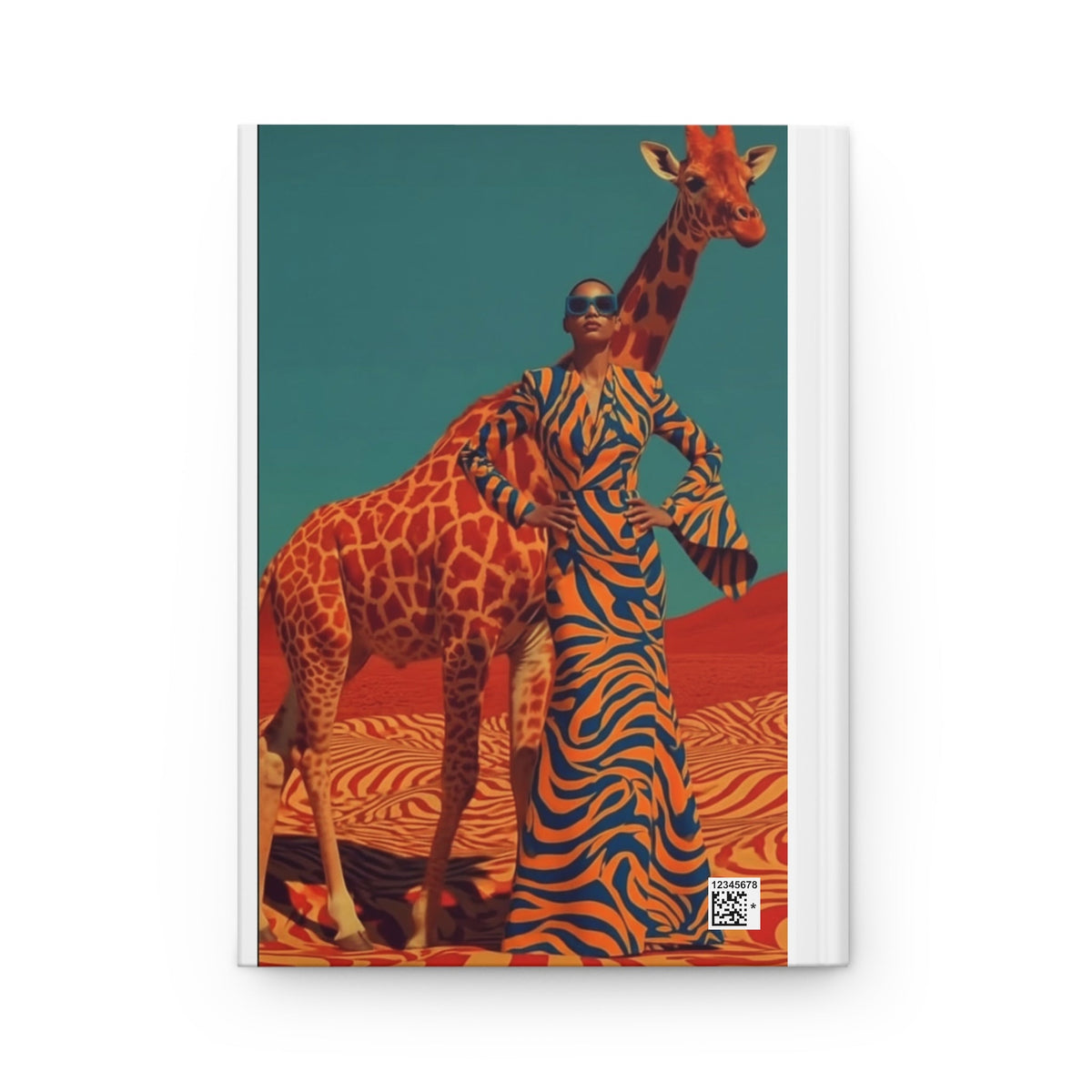 PURETE hardcover journal featuring a stylish woman in a zebra print dress standing next to a giraffe in a desert.