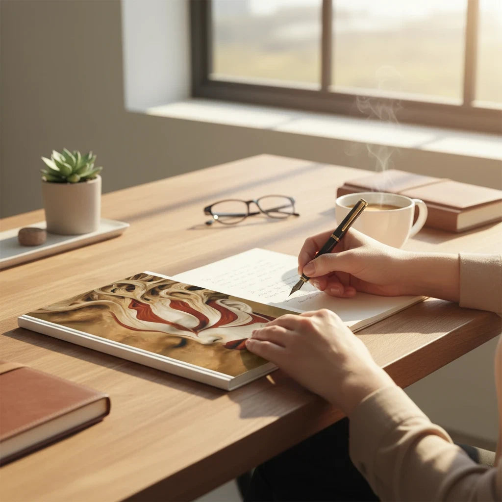 PURETE hardcover journal with abstract art cover, open on a wooden desk with a person writing with a fountain pen.