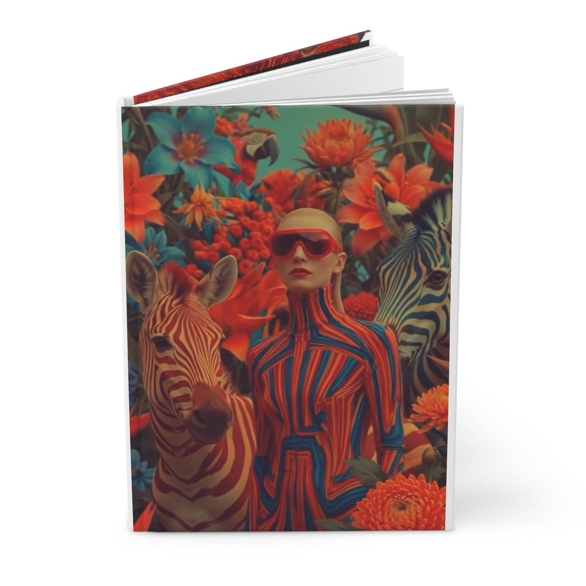 PURETE hardcover journal featuring a vibrant wraparound print of a woman with zebras and tropical flowers in matte.