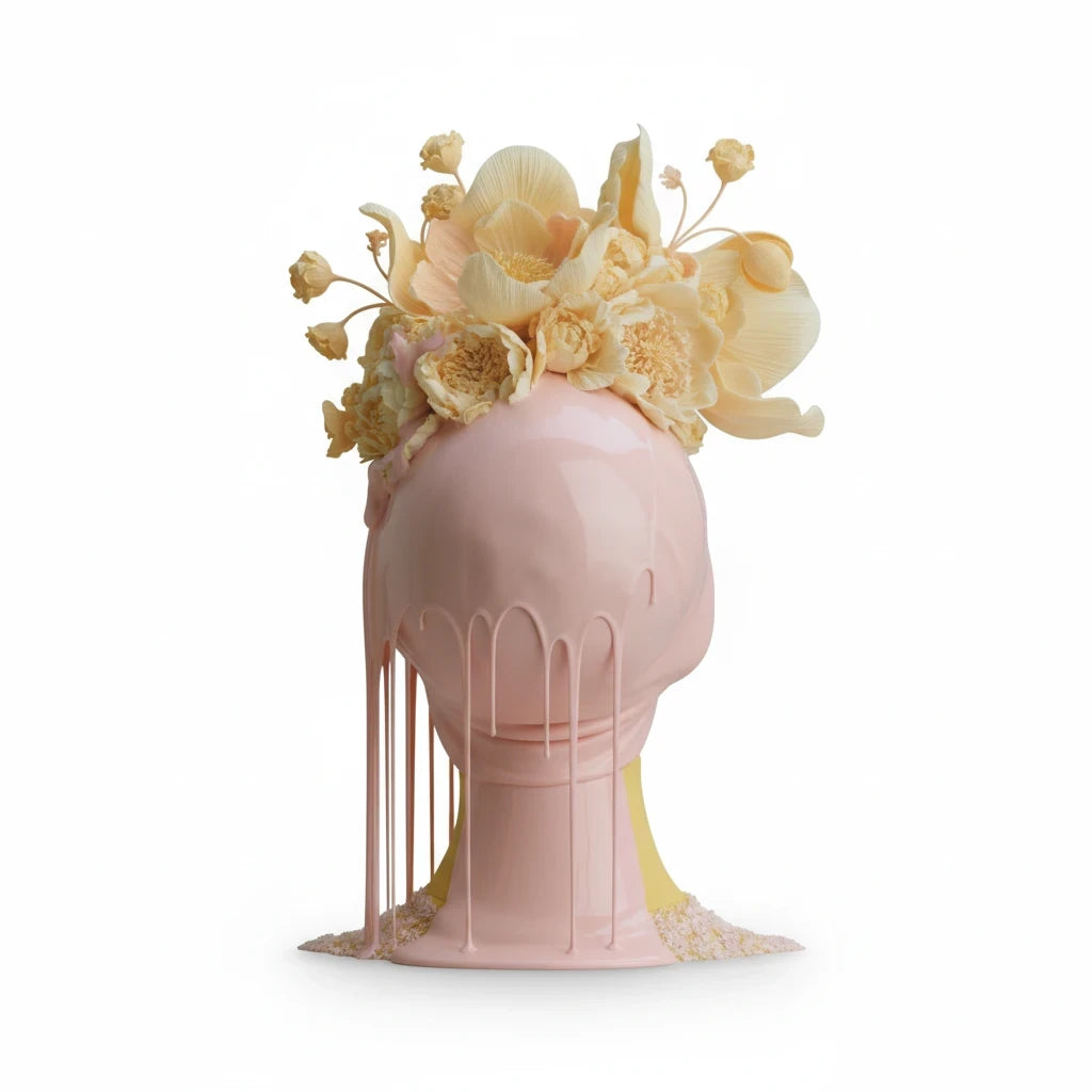PURETE hardcover journal featuring a surreal pink mannequin head sculpture with dripping paint and floral crown