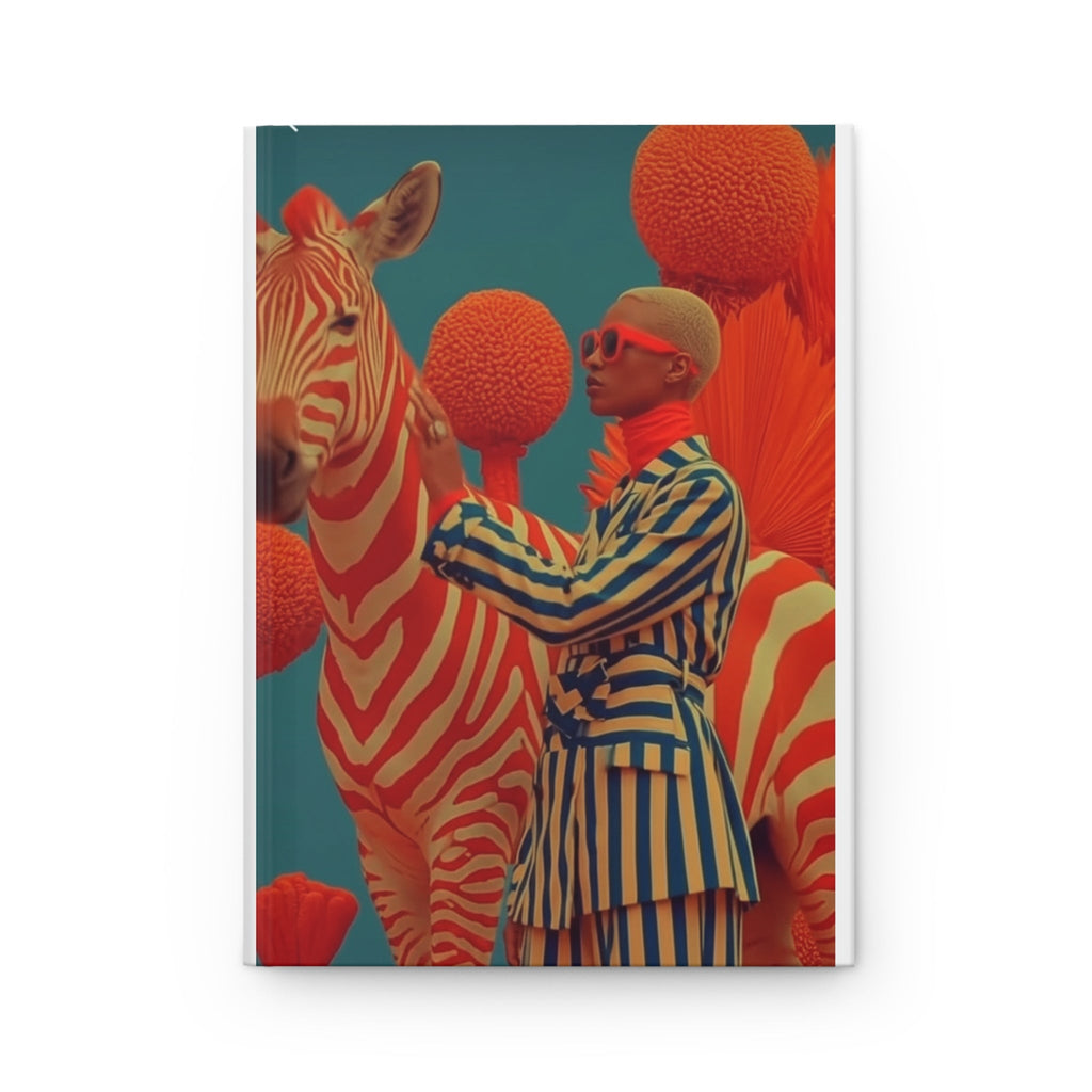 PURETE hardcover journal featuring a surreal artistic print of a person in a striped suit with a red and white zebra