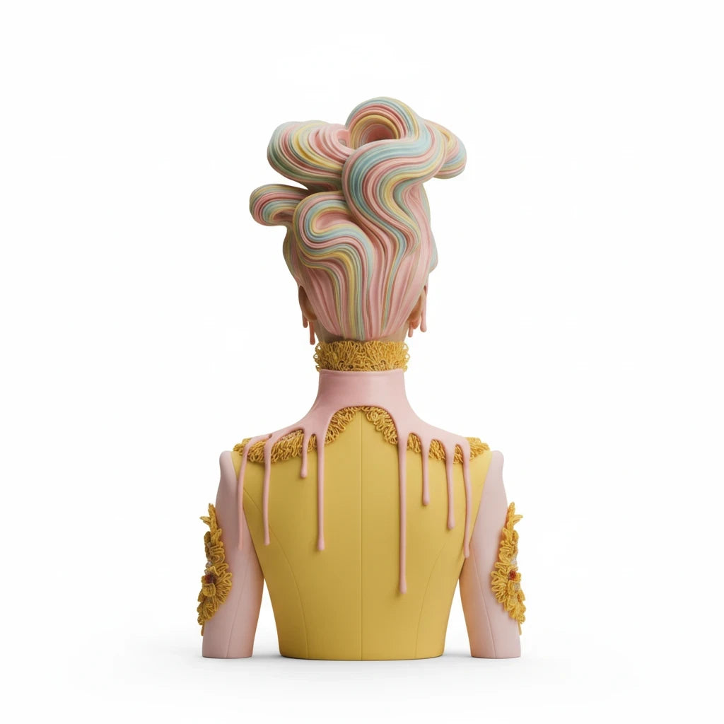 PURETE hardcover journal featuring a surreal 3D sculpture of a woman with pastel swirled hair and yellow bodice