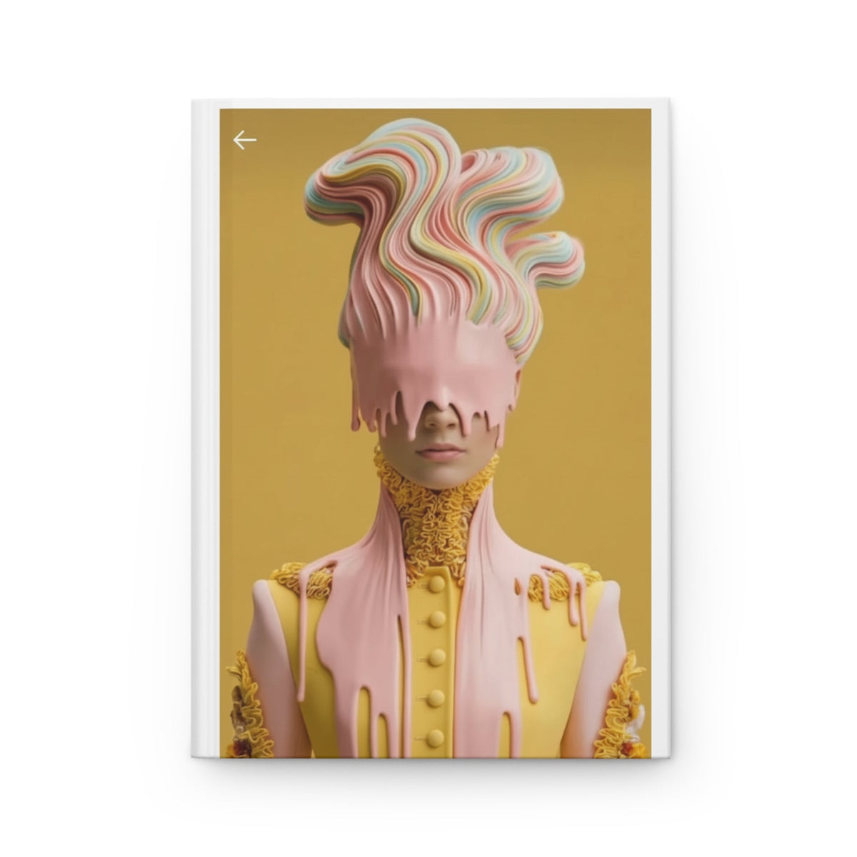 PURETE hardcover journal featuring a surreal artistic print of a woman with melting pastel hair on a yellow background.