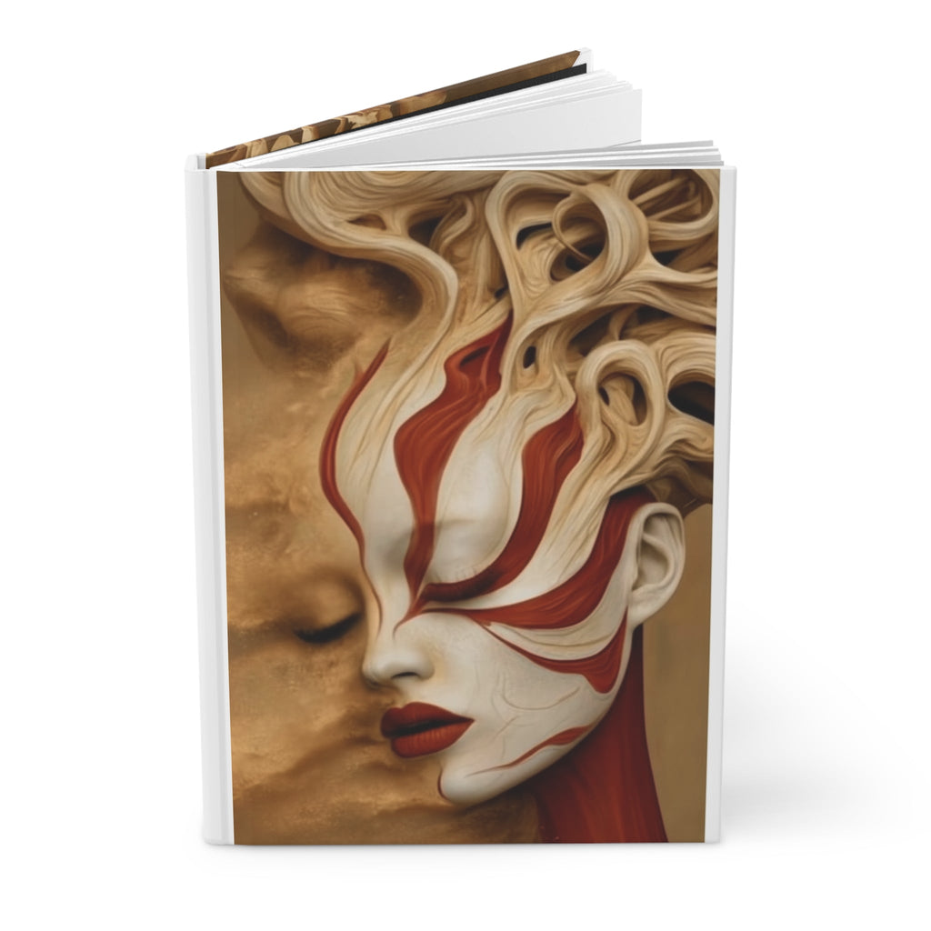 PURETE hardcover journal featuring a surreal artistic portrait of a woman with red and white flowing hair design.