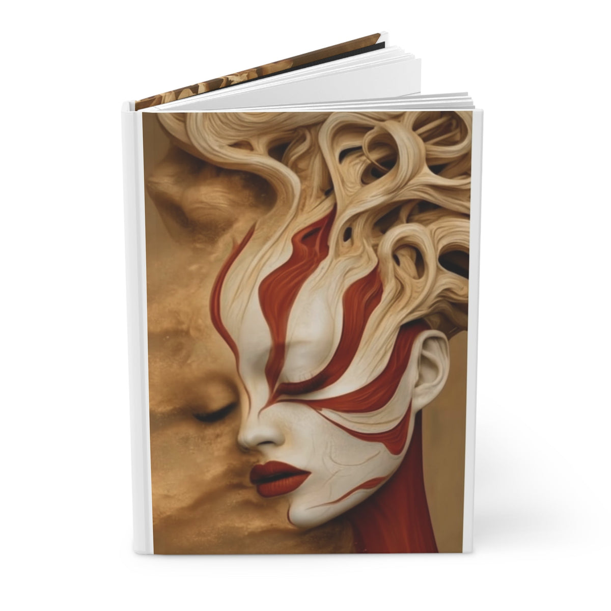 PURETE hardcover journal featuring a surreal artistic portrait of a woman with red and white flowing hair design.