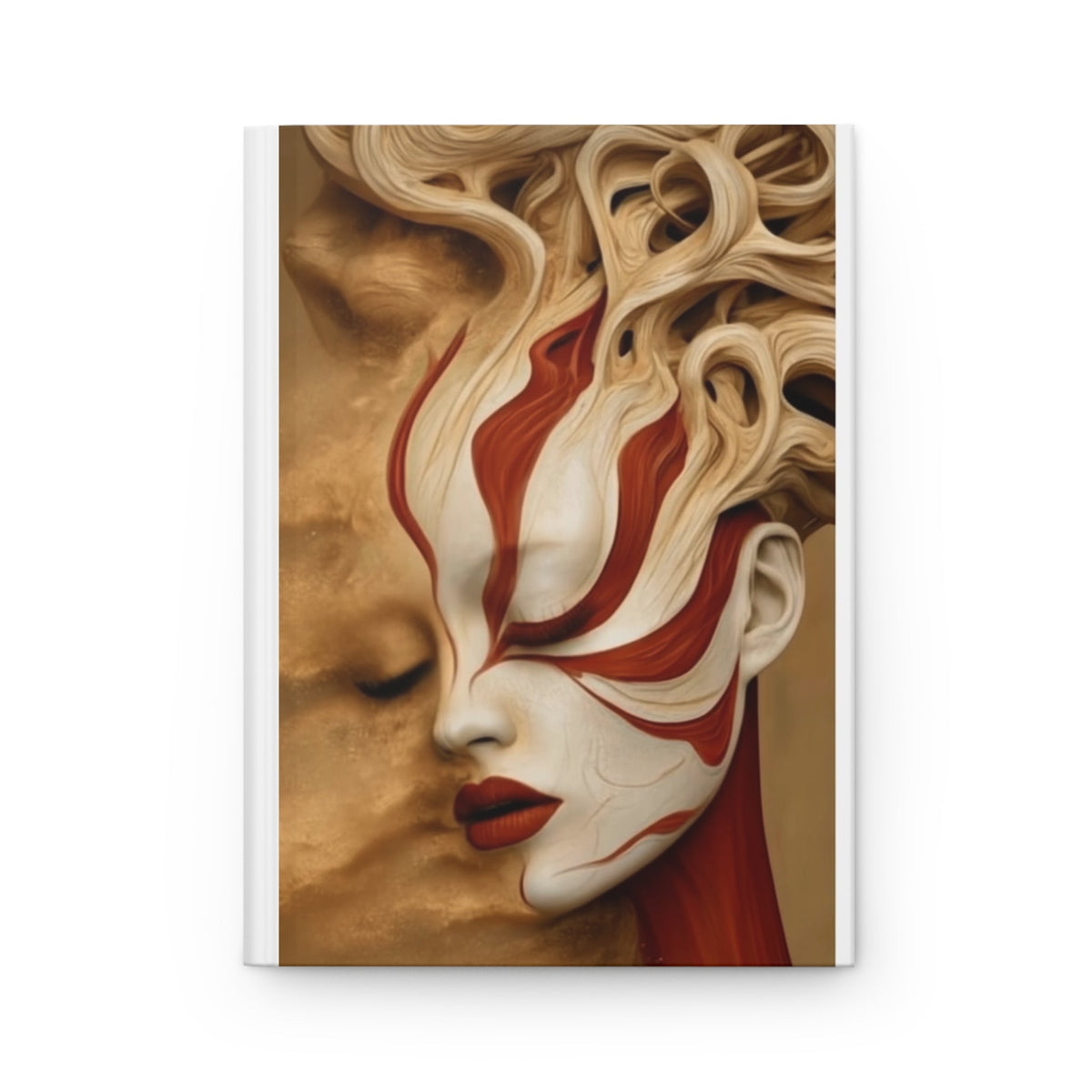 PURETE hardcover journal featuring a surreal artistic portrait of a woman with red and white face paint and flowing hair