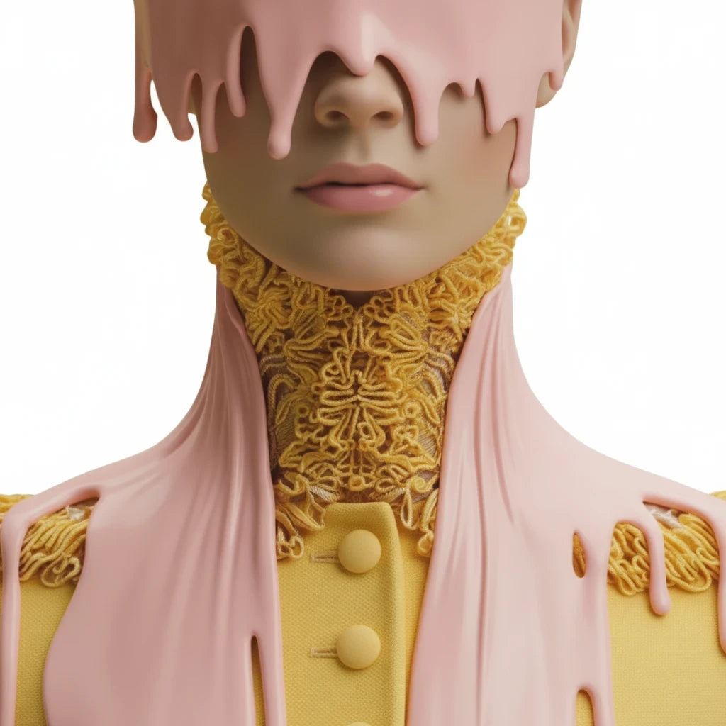 PURETE hardcover journal featuring a surreal art print of a person in a yellow lace outfit covered in pink liquid
