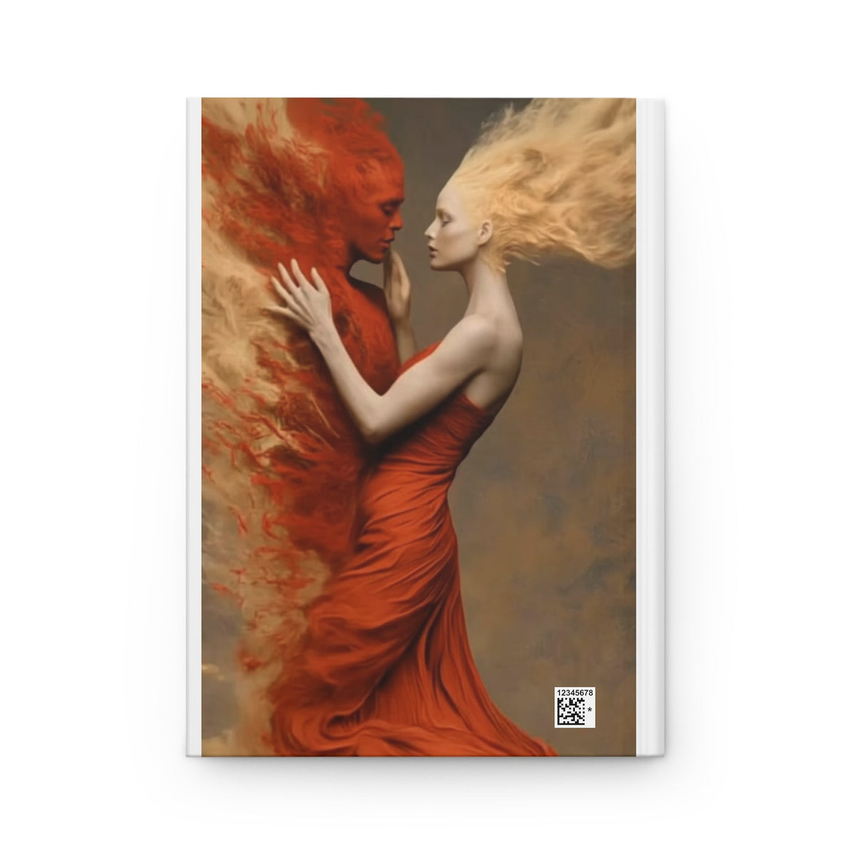 PURETE hardcover journal featuring a surreal artistic print of a woman embracing a fiery red ethereal figure