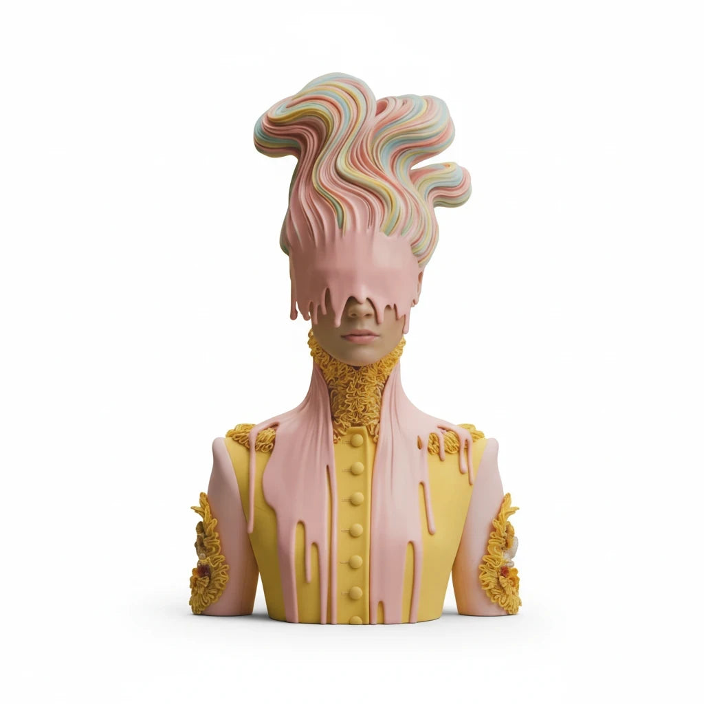 PURETE hardcover journal featuring a surreal bust sculpture with pastel melting paint hair and yellow floral details.
