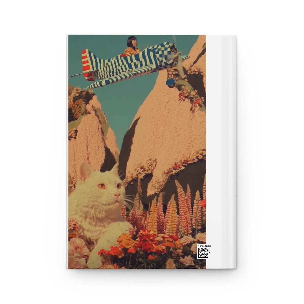 PURETE hardcover journal featuring a surreal art print of a cat in a flower field with a vintage airplane above.
