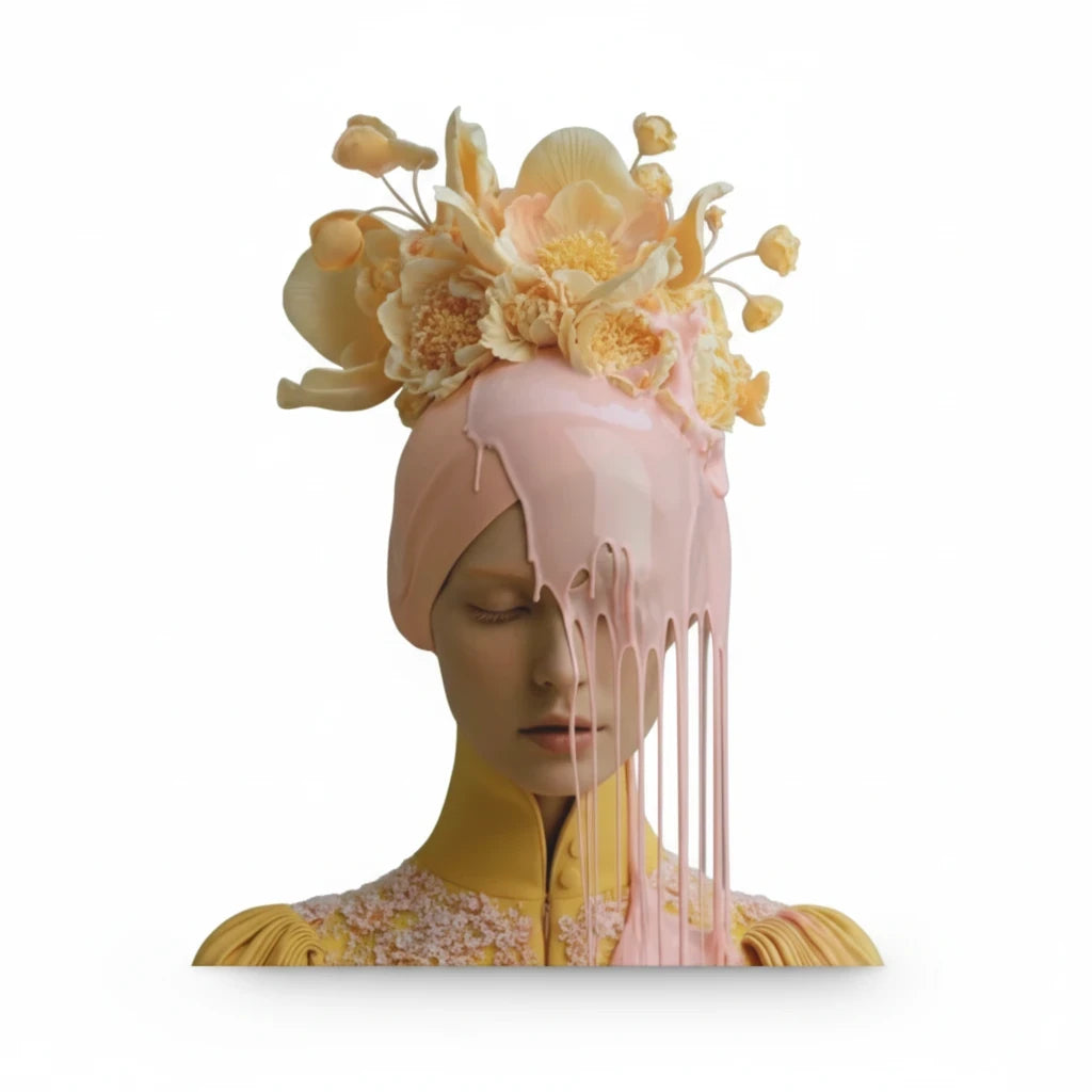 PURETE hardcover journal featuring a surreal portrait of a woman with a floral headpiece and dripping pink paint