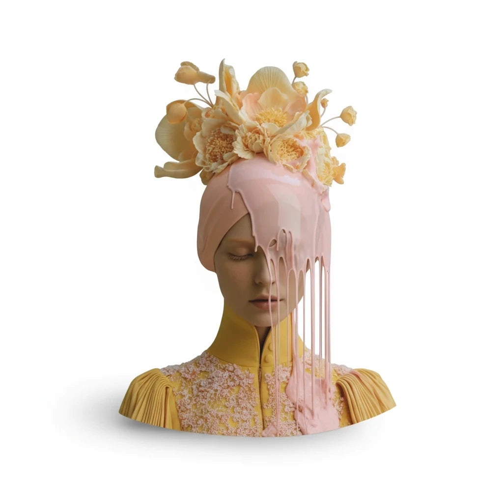 PURETE hardcover journal featuring a surreal portrait of a woman with a floral headpiece and dripping pink paint