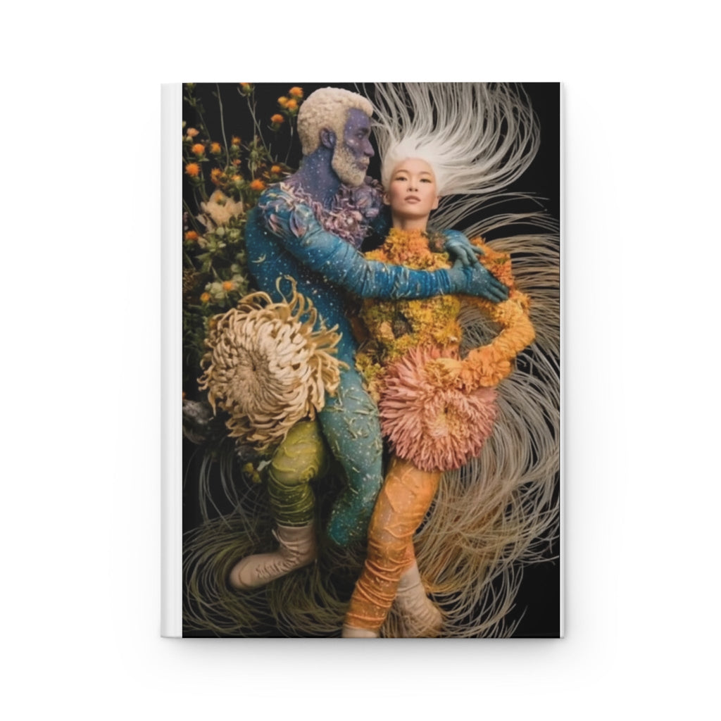 PURETE hardcover journal featuring a surreal artistic print of two figures intertwined with vibrant floral elements.