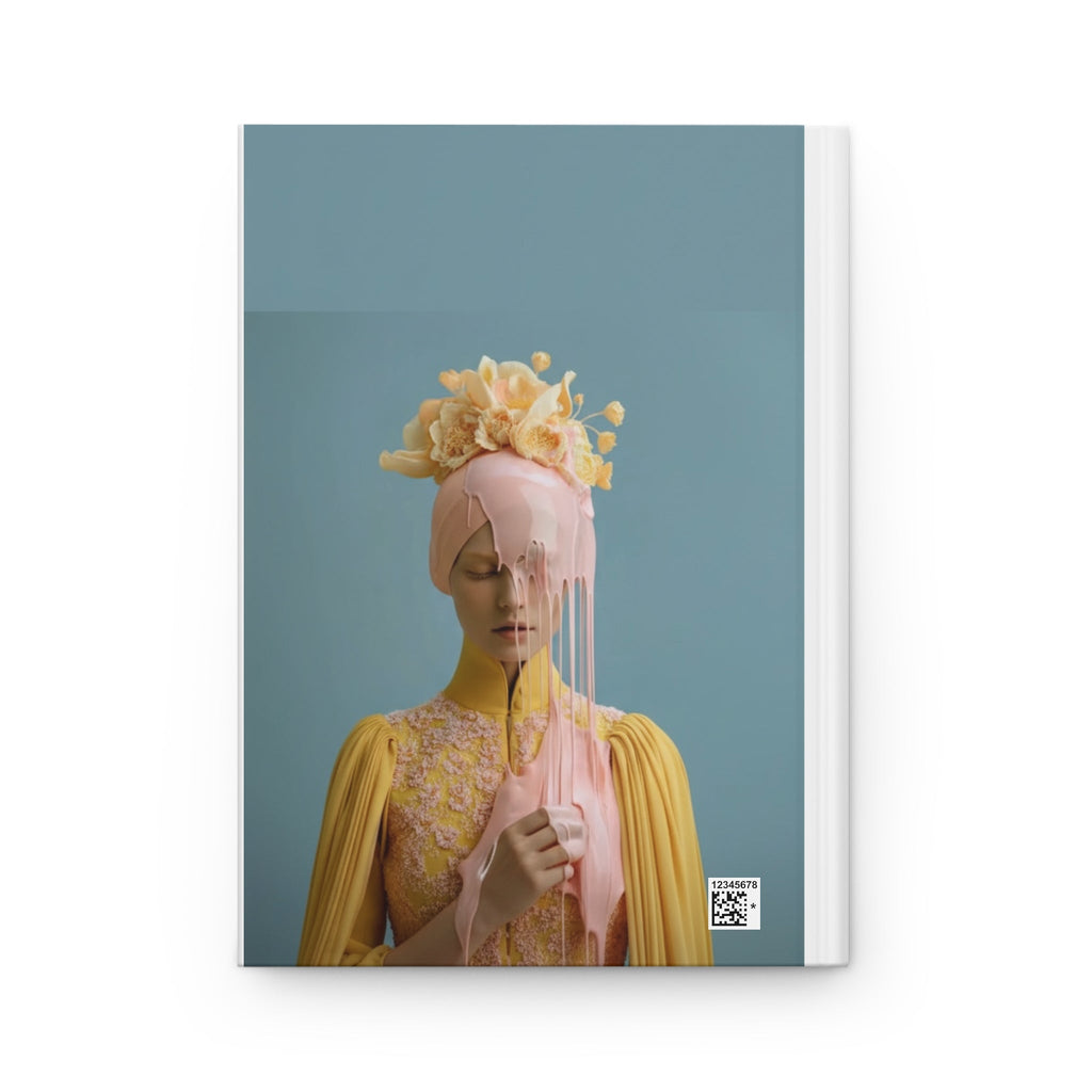 PURETE hardcover journal featuring a surreal portrait of a woman with pink liquid dripping over her face and flowers.