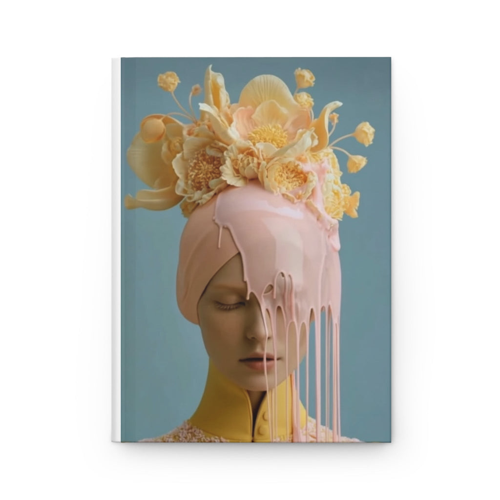 PURETE hardcover journal featuring a surreal portrait of a woman with dripping pink paint and floral headpiece.