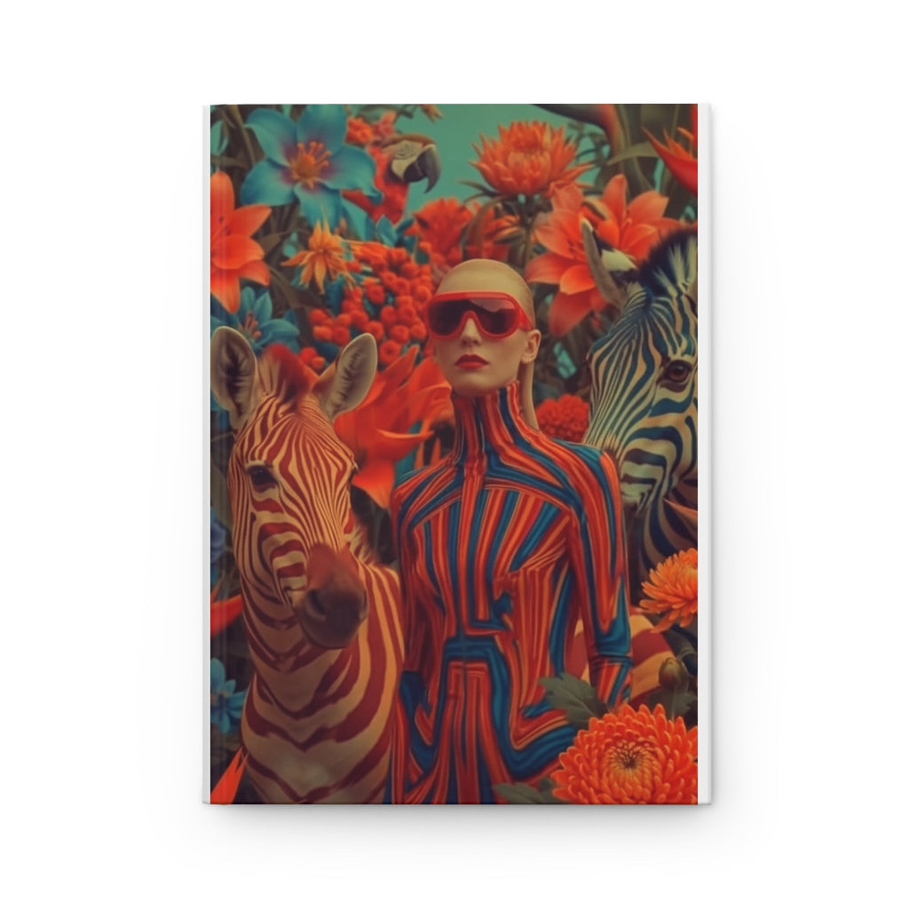 PURETE hardcover journal featuring a vibrant wraparound print of a woman in striped clothing with zebras and flowers.