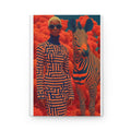PURETE hardcover journal featuring a surreal artistic print of a woman in a patterned dress standing next to a zebra