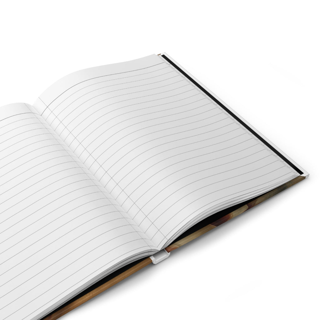PURETE open hardcover journal with 150 lined pages and casewrap binding shown from an elevated angle