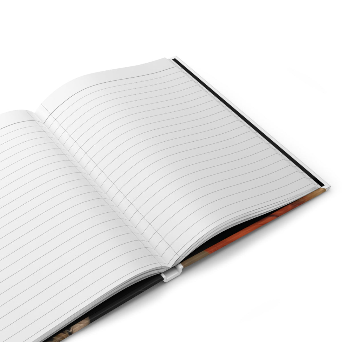 Open PURETE hardcover journal with 150 lined white pages and casewrap binding shown from a high angle