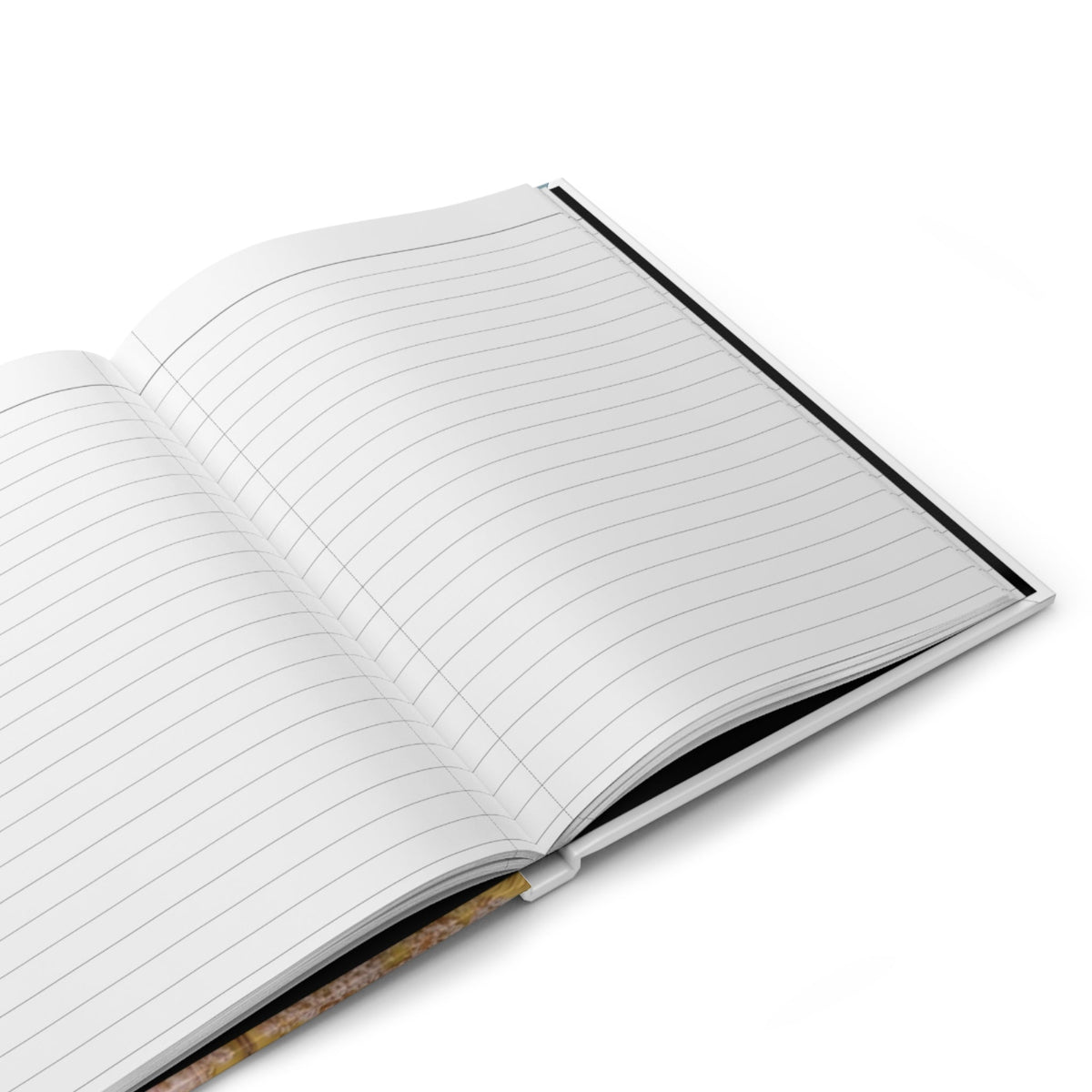 PURETE hardcover journal with open pages showing white lined paper and casewrap binding on a white background