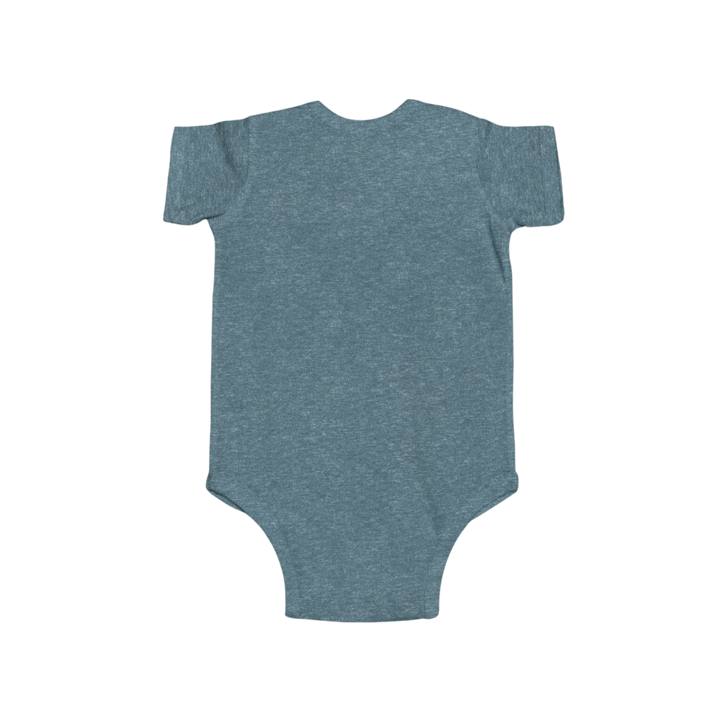 PURETE infant bodysuit in heather blue cotton, back view of a soft, lightweight baby onesie with short sleeves.