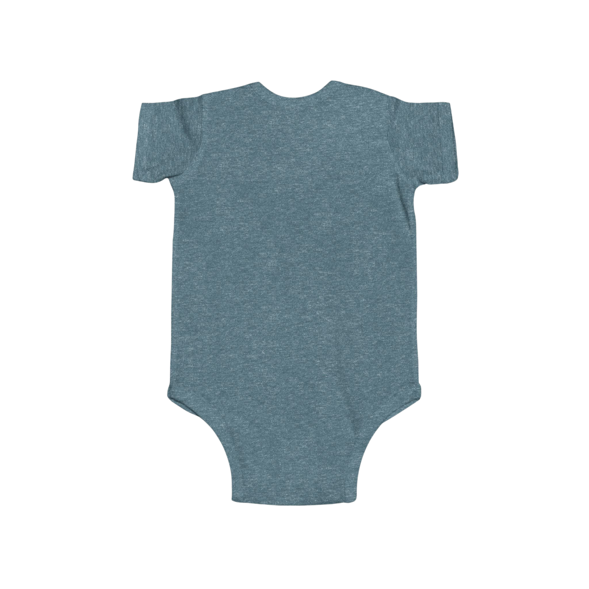 PURETE infant bodysuit in heather blue cotton, back view of a soft, lightweight baby onesie with short sleeves.