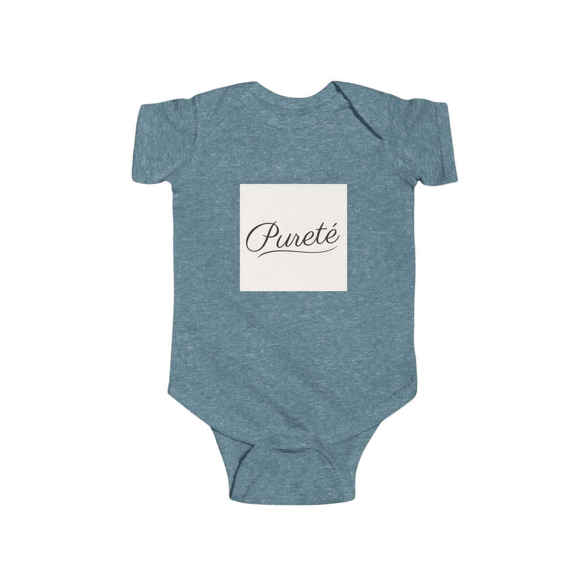 PURETE infant bodysuit in heather blue cotton with a white square chest print featuring elegant black script text.