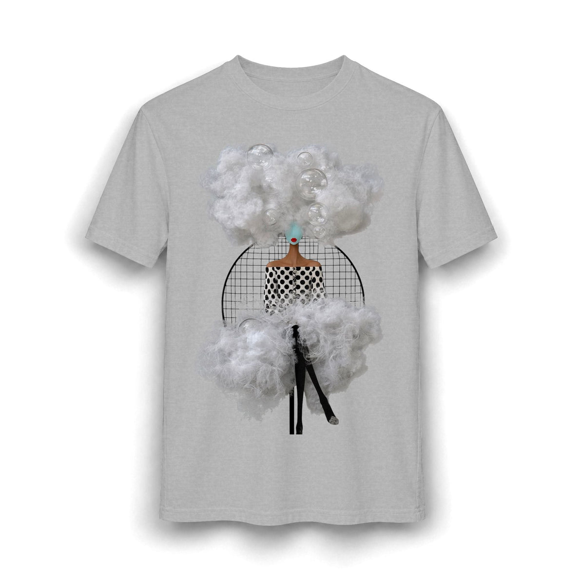 PURETE heather grey graphic t-shirt featuring an abstract surrealist collage of a woman surrounded by white clouds.