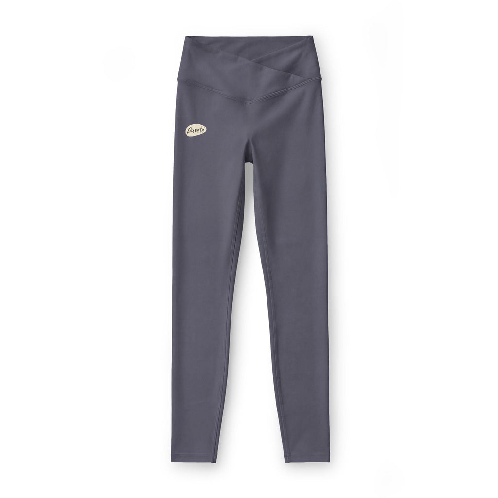 PURETE high-waist yoga leggings in dark grey with a contoured V-cut waistband and subtle brand logo.
