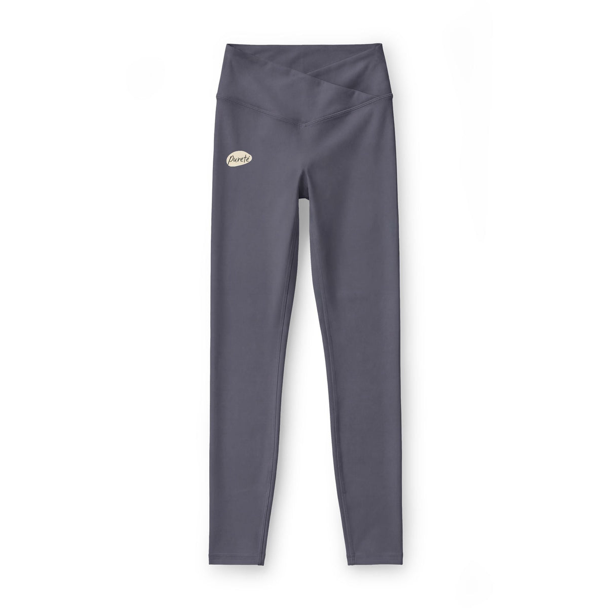 PURETE high-waist yoga leggings in dark grey with a contoured V-cut waistband and subtle brand logo.