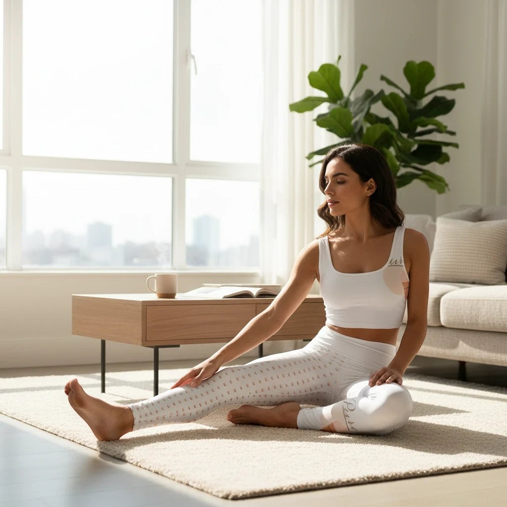 PURETE high-waisted white yoga leggings with subtle all-over print worn by a woman sitting on a living room rug.