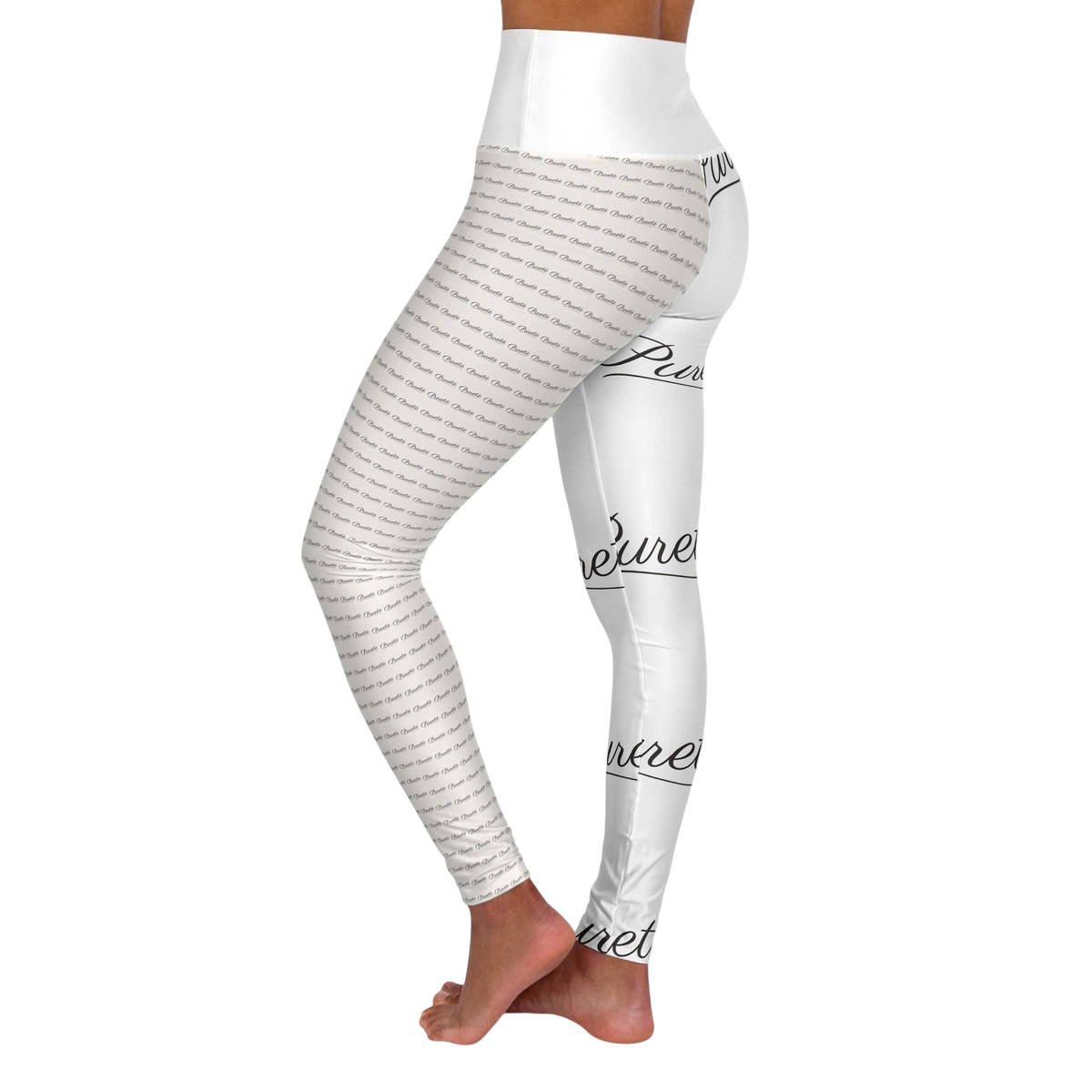 PURETE high-waisted yoga leggings in white with a black all-over script print, featuring a skinny fit and side view.
