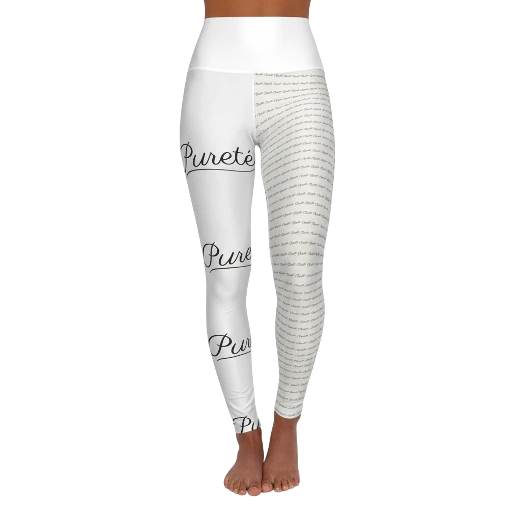 PURETE high-waisted yoga leggings in white with black script logo print and skinny fit design