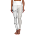 PURETE high-waisted yoga leggings featuring a white and black branded all-over print design on a skinny fit silhouette.