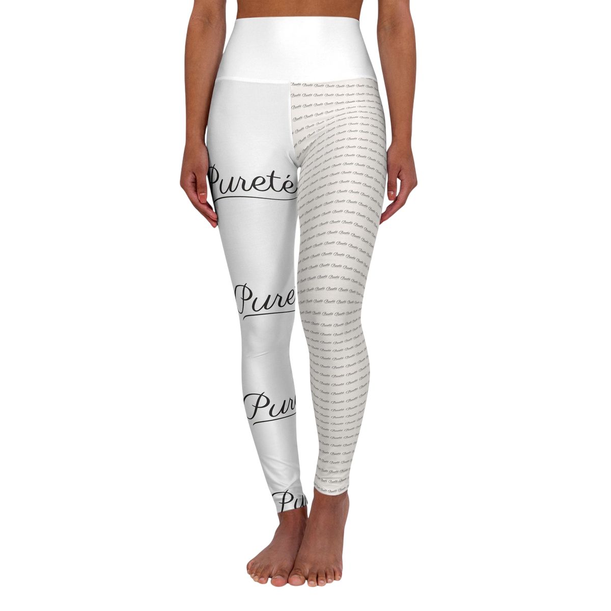 PURETE high-waisted yoga leggings featuring a white and black branded all-over print design on a skinny fit silhouette.