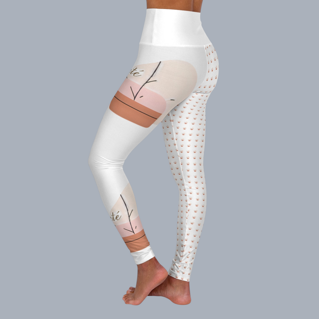 PURETE high-waisted yoga leggings featuring a white base with abstract terracotta and pink plant pot print