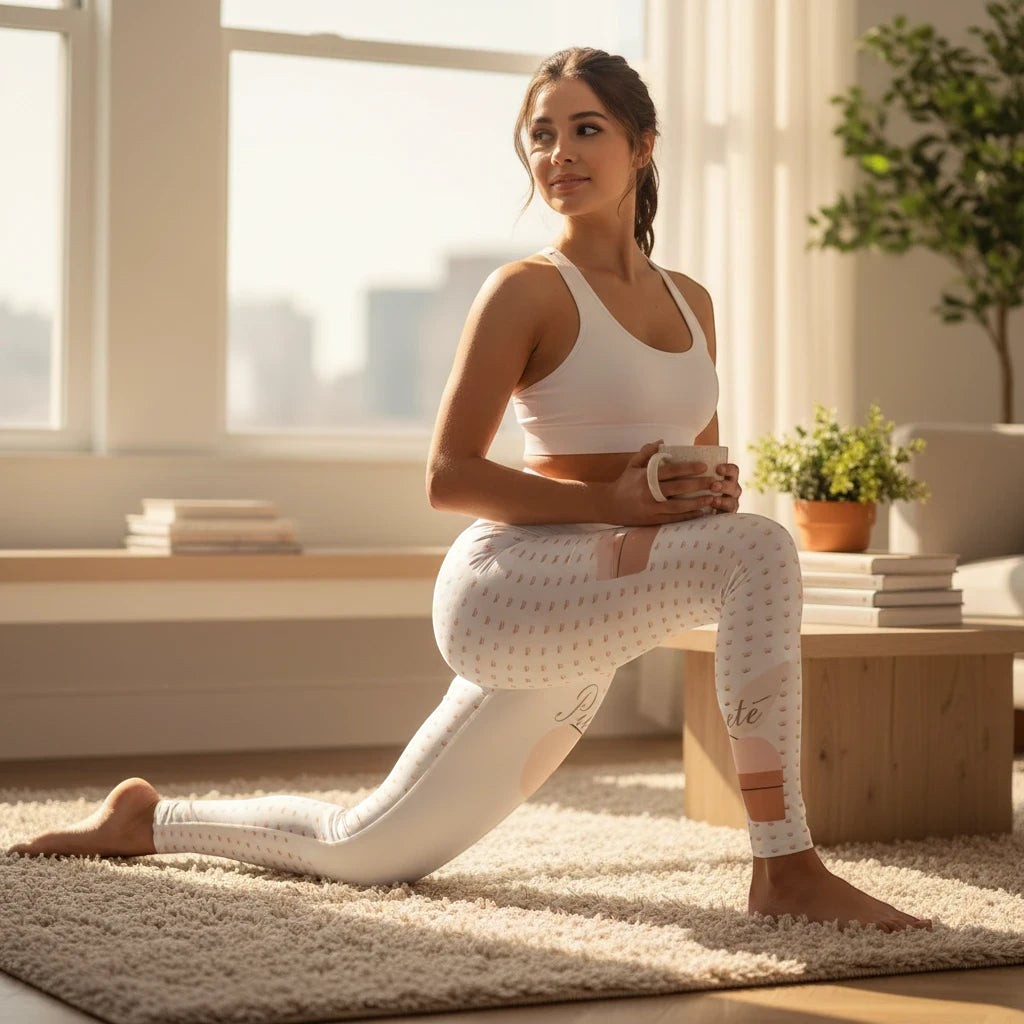 PURETE high-waisted yoga leggings with all-over print worn by a woman in a sunny living room holding a mug.
