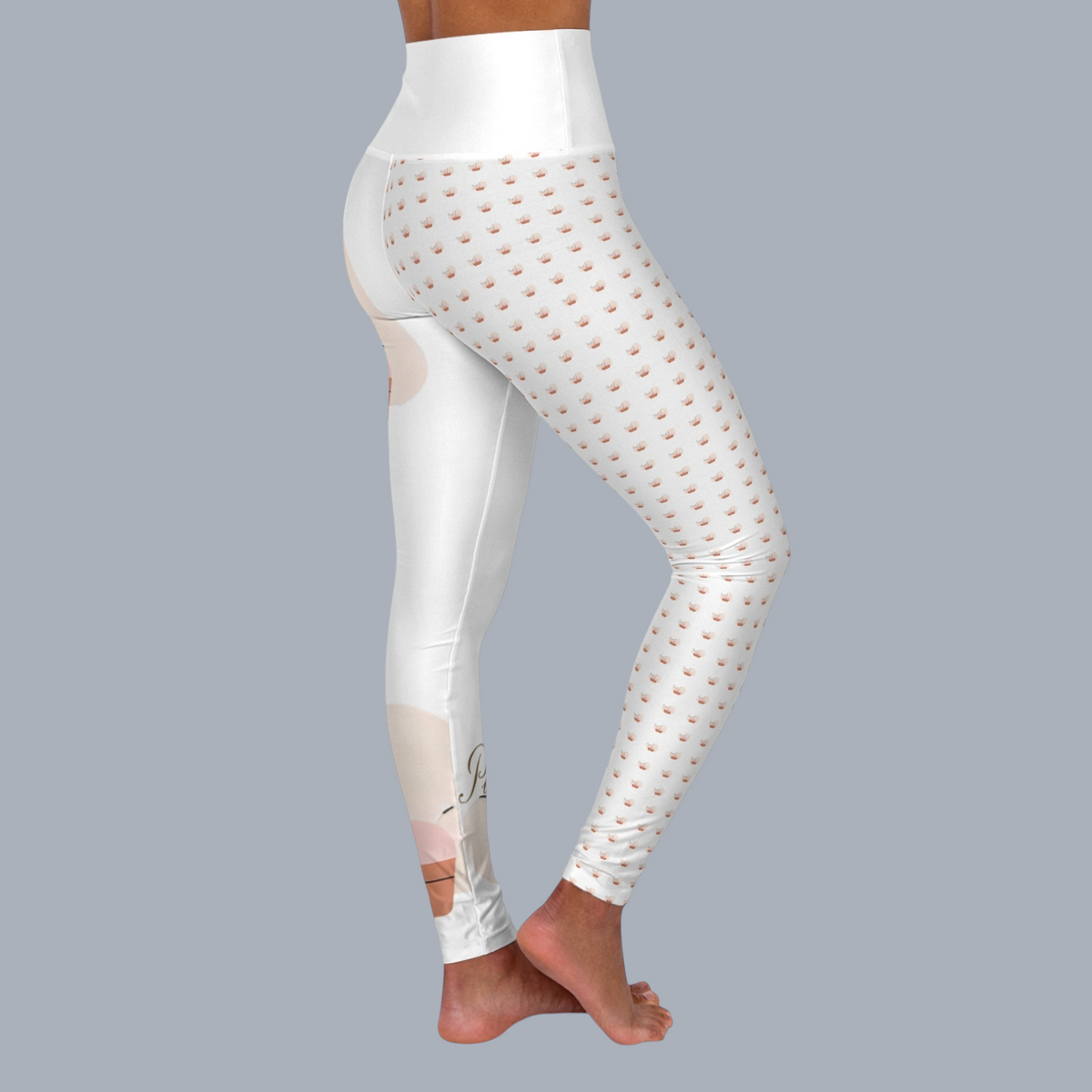 PURETE high-waisted yoga leggings with a white and peach patterned print, featuring a skinny fit and double waistband.