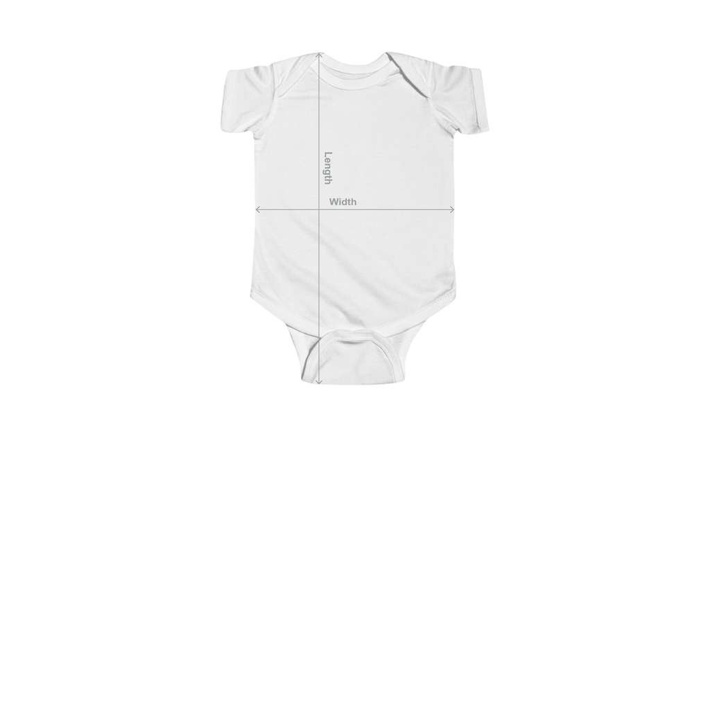PURETE infant bodysuit size chart showing measurements for length, width, and sleeve length for baby sizes