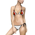 PURETE women's two-piece bikini with ladybug print on white cups and black elastic straps, worn by a model