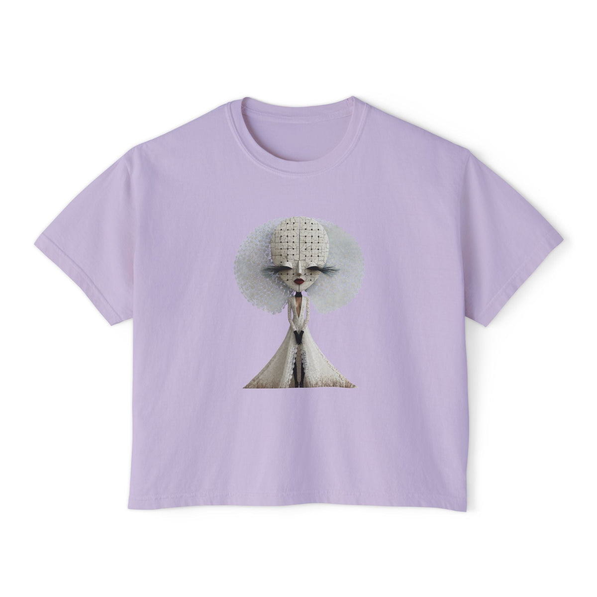 PURETE lavender boxy cropped t-shirt featuring a vintage-style symmetrical dog portrait graphic on cotton fabric.