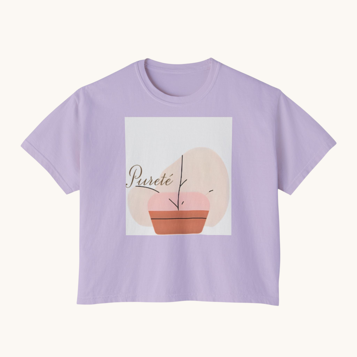PURETE women's lavender boxy oversized cotton t-shirt with a minimalist abstract plant graphic print